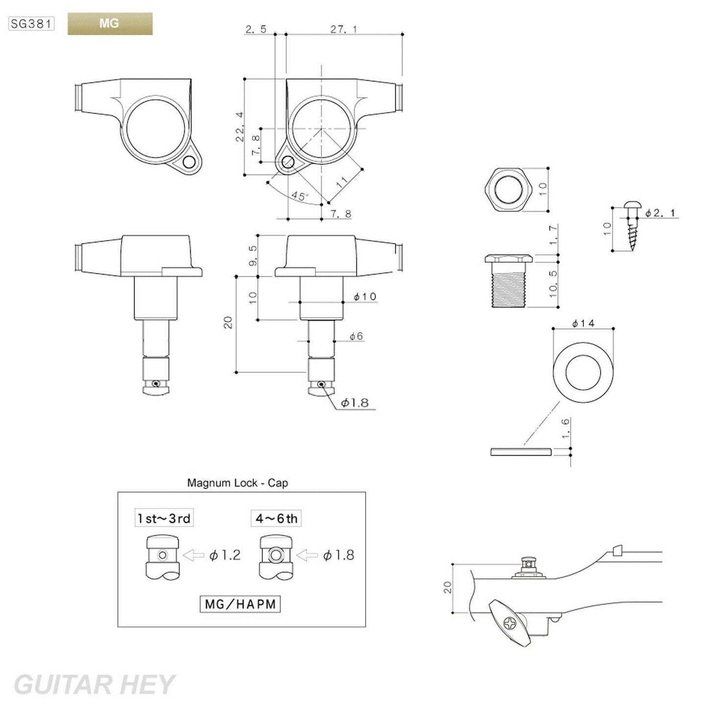 NEW Gotoh SG381-P8 MG Magnum Locking Set 6 in line Tuners Keys - CHROME