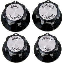 Load image into Gallery viewer, NEW (4) Knobs RICKENBACKER Style BLACK/SILVER VOLUME &amp; TONE TREBLE BASS 6MM ID