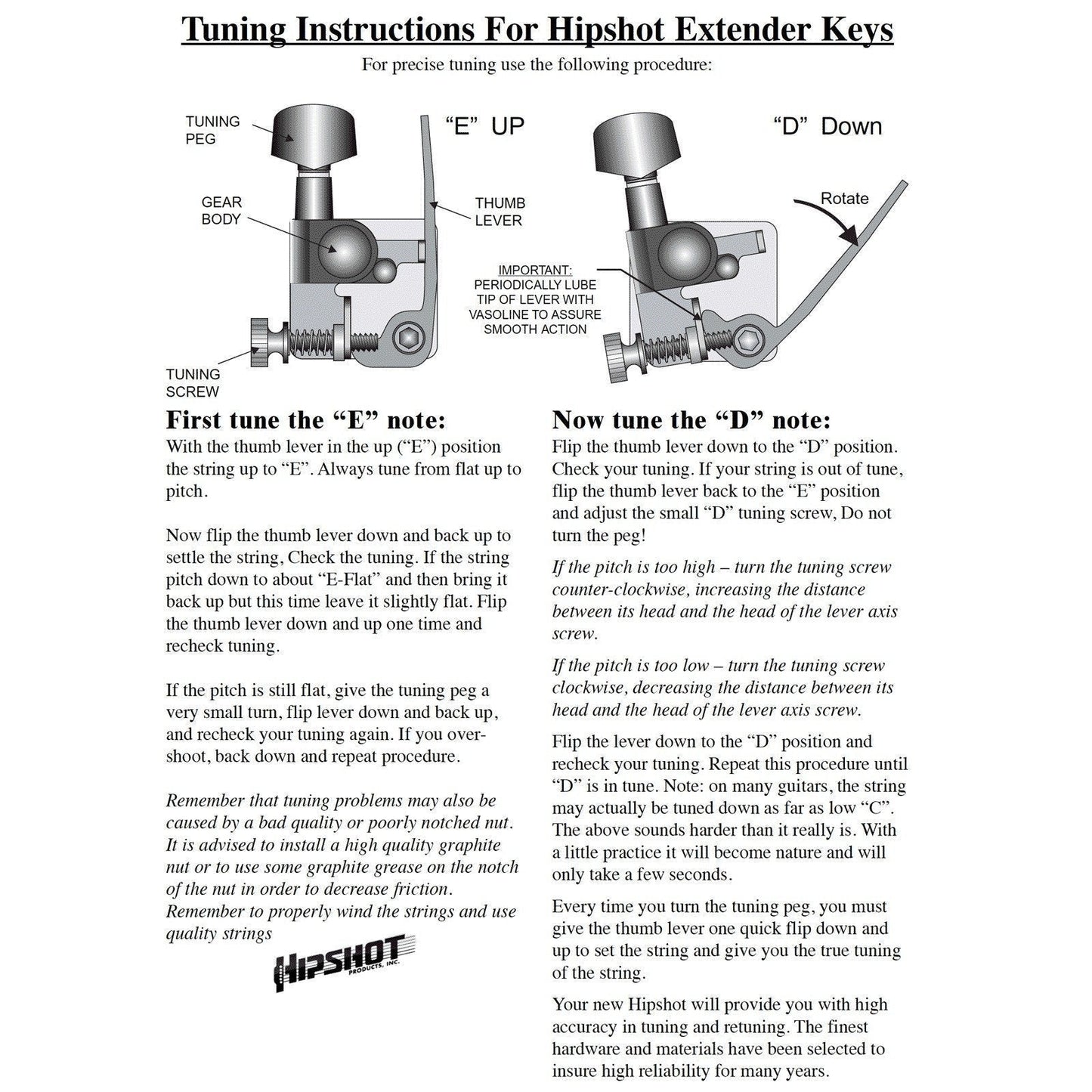 Hipshot GT2 Guitar Locking A12 Xtender Key Extender Detuner Drop E to D -CHROME