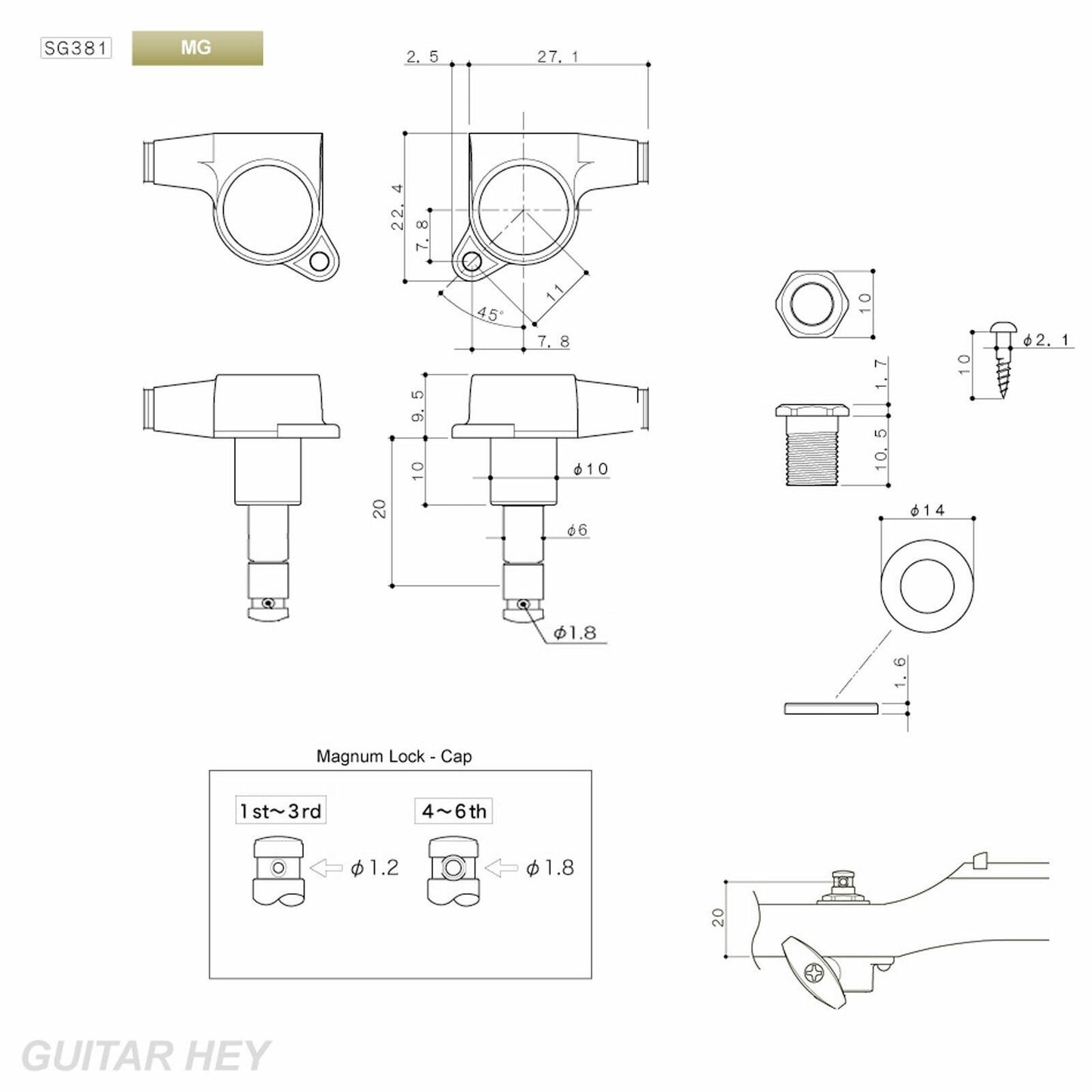 NEW Gotoh SG381-P2 MG Locking Tuners L3+R3 LARGE AMBER Buttons 3x3 - COSMO BLACK