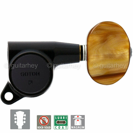 NEW Gotoh SG381-P2 MG Locking Tuners Set L3+R3 LARGE AMBER Buttons 3x3 - BLACK