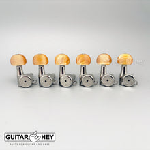 Load image into Gallery viewer, NEW Hipshot 6-in-Line LOCKING Tuners SET w/ AMBER Buttons Non-Staggered - NICKEL