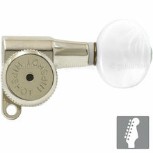 Load image into Gallery viewer, NEW Hipshot 6-in-Line LOCKING Tuners STAGGERED Set w/ PEARL Buttons - NICKEL