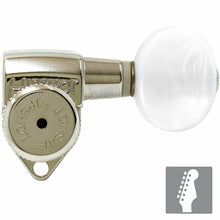 Load image into Gallery viewer, NEW Hipshot LOCKING Tuners 6 in line STAGGERED w/ SMALL PEARL Buttons - NICKEL