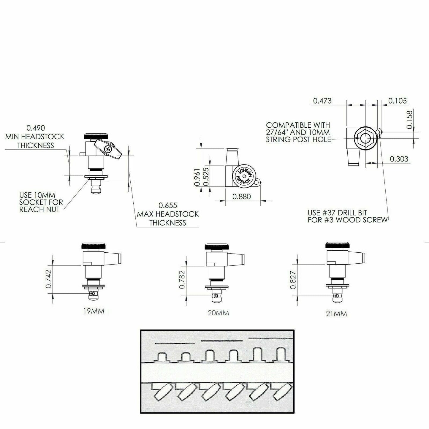 NEW Hipshot 6-In-Line STAGGERED Tuners AMBER Buttons Locking LEFT HANDED - GOLD