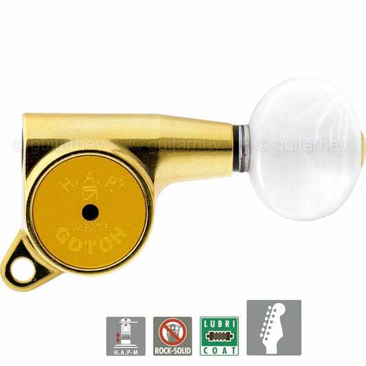 NEW Gotoh SG381-05P1 HAPM Set 6 in line Tuners OVAL PEARLOID Adjust. Post - GOLD