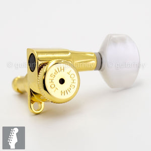Hipshot 6-In-Line STAGGERED Closed-Gear Locking Mini Tuners PEARLOID Keys - GOLD