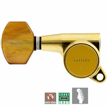 Load image into Gallery viewer, NEW Gotoh SG381-P8 LEFT-HANDED 6 in Line Set Tuners AMBER Buttons - GOLD