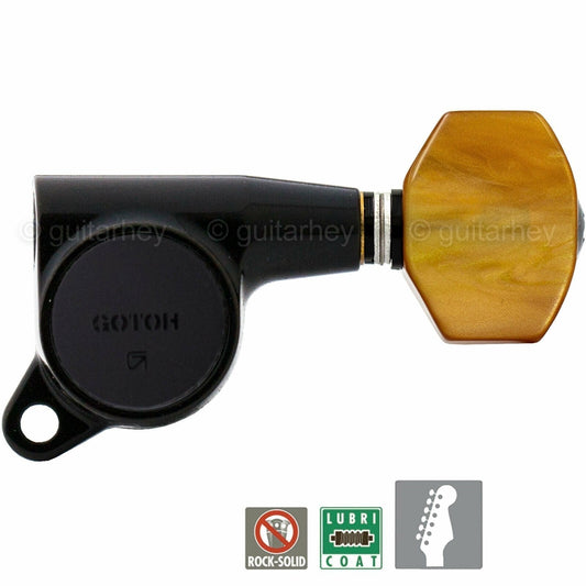 NEW Gotoh SG381-P8 MIJ 6 in Line Set Tuners w/ AMBER Style Buttons - BLACK