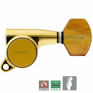 NEW Gotoh SG381-P8 MIJ 6 in Line Set Tuners w/ AMBER Style Buttons - GOLD