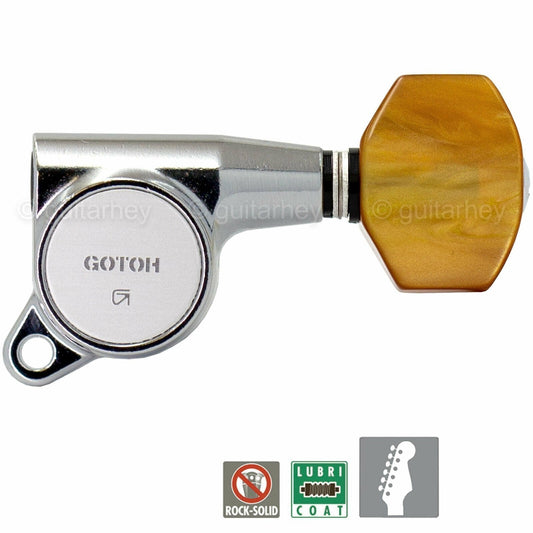 NEW Gotoh SG381-P8 MIJ 6 in Line Set Tuners w/ AMBER Style Buttons - CHROME