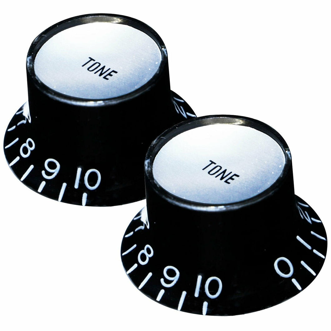 NEW (2) TONE Bell Top Hat Knobs Gibson® Style Black, Silver plate Metric Size