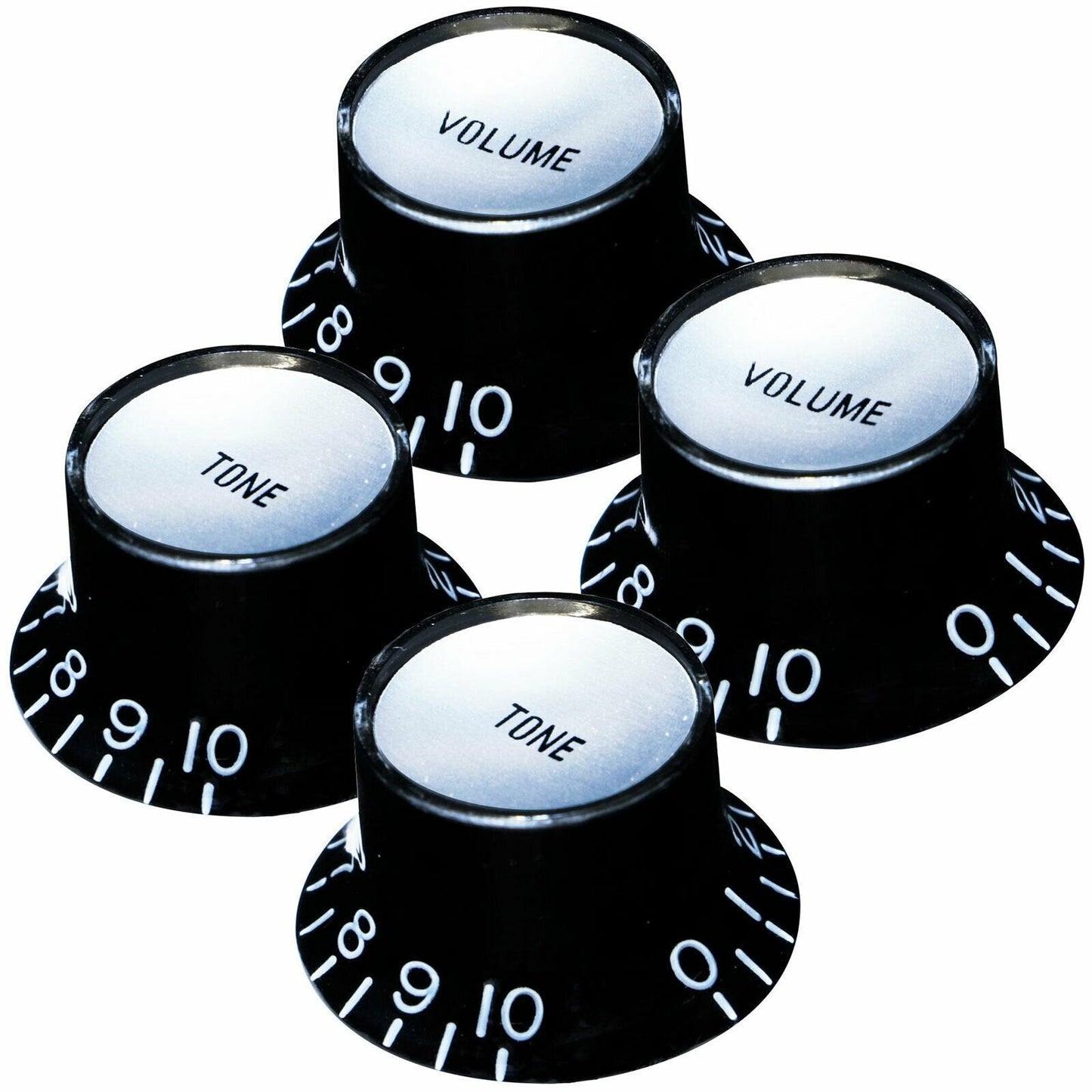 NEW Set 4 Bell Top Hat Knobs Gibson® Style BLACK Silver Plate METRIC Tone Volume