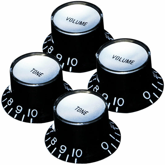 NEW Set 4 Bell Top Hat Knobs Gibson® Style BLACK Silver Plate METRIC Tone Volume