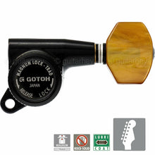 Load image into Gallery viewer, NEW Gotoh SG381-P8 MGTB 6 in Line Locking Tuners Set w/ AMBER Buttons - BLACK