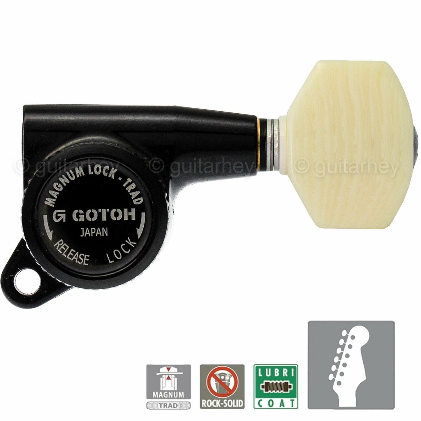 NEW Gotoh SG381-M07 MGTB 6 in Line Set Locking Tuners w/ IVORY Buttons - BLACK