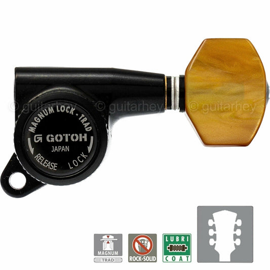 NEW Gotoh SG381-P8 MGTB Locking Tuners L3+R3 w/ SMALL AMBER Buttons 3x3 - BLACK