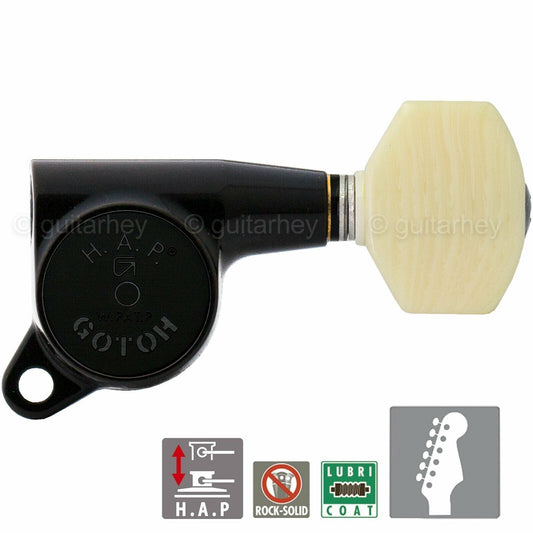 NEW Gotoh SG381-M07 HAP 6 in line Adjustable Tuners Set w/ IVORY Buttons - BLACK