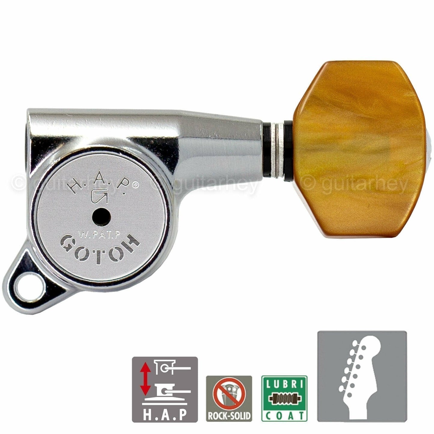 NEW Gotoh SG381-P8 HAP 6 in line Adjustable Tuners Set w/ AMBER Buttons - CHROME