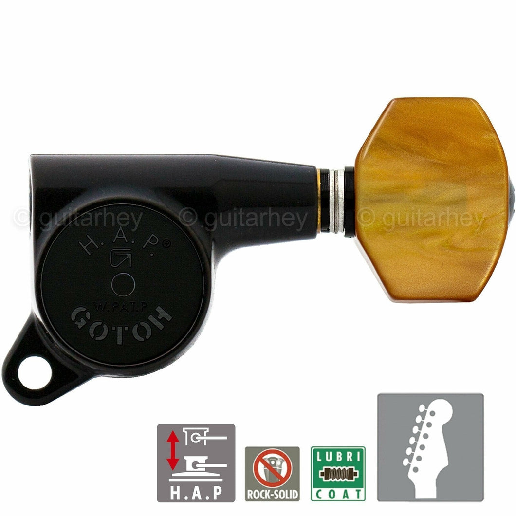 NEW Gotoh SG381-P8 HAP 6 in line Adjustable Tuners Set w/ AMBER Buttons - BLACK