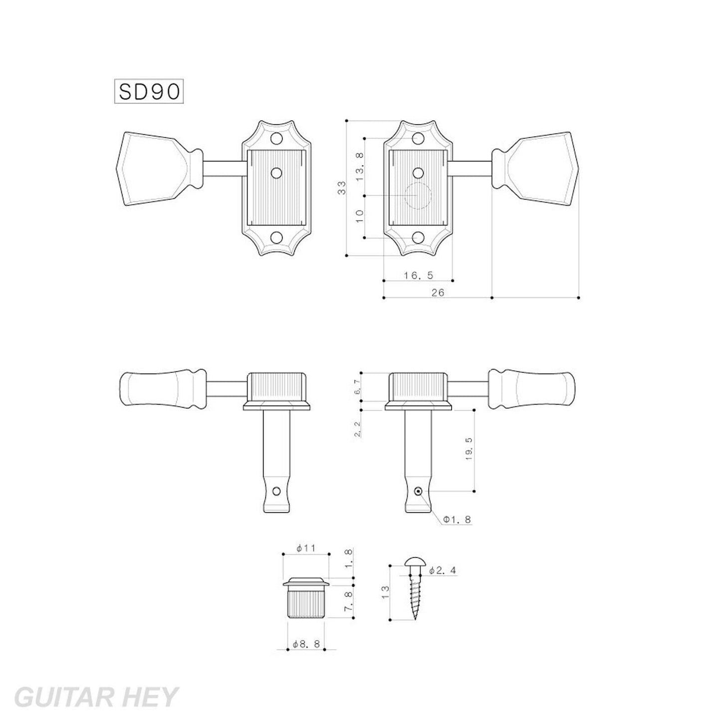 NEW Gotoh SD90-SL Tuning Vintage Keys Set + 10mm adapters, Keystone 3x3 - NICKEL