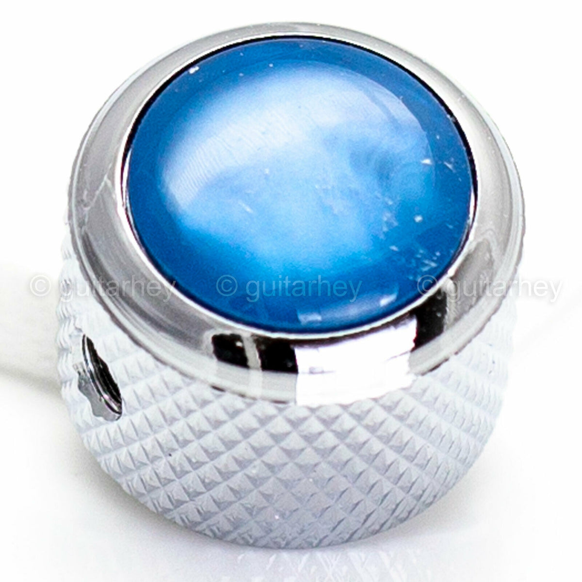 NEW (1) Q-Parts Guitar Knob CHROME w/ ACRYLIC AQUA PEARL on Dome KCD-0071