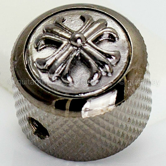 NEW (1) Q-Parts Guitar Knob Black Chrome, BLACK CROSS on Dome KBD-0109