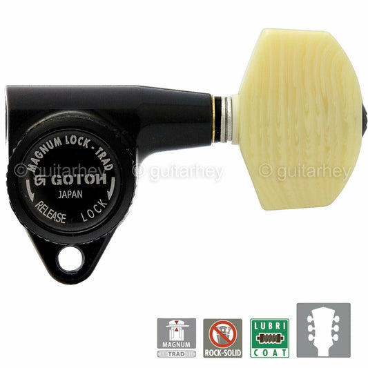 NEW Gotoh SG301-M01 MGTB L3+R3 Set Locking Tuners LARGE IVORY Buttons 3x3, BLACK