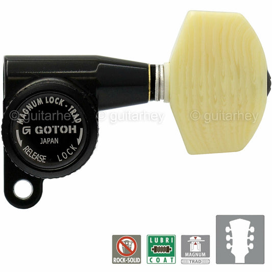 NEW Gotoh SG360-M01 MGTB Locking Tuners Set w/ LARGE IVORY Buttons 3x3 - BLACK