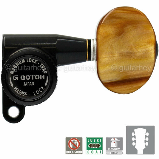 NEW Gotoh SG360-P2 MGTB Locking Tuners Set w/ LARGE AMBER Buttons 3x3 - BLACK