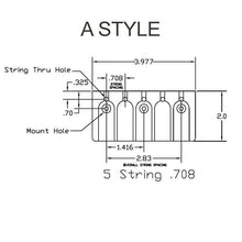 Load image into Gallery viewer, NEW Hipshot 5A500AC 5-String A Style Aluminum Bass Bridge .708&quot; Spacing - CHROME