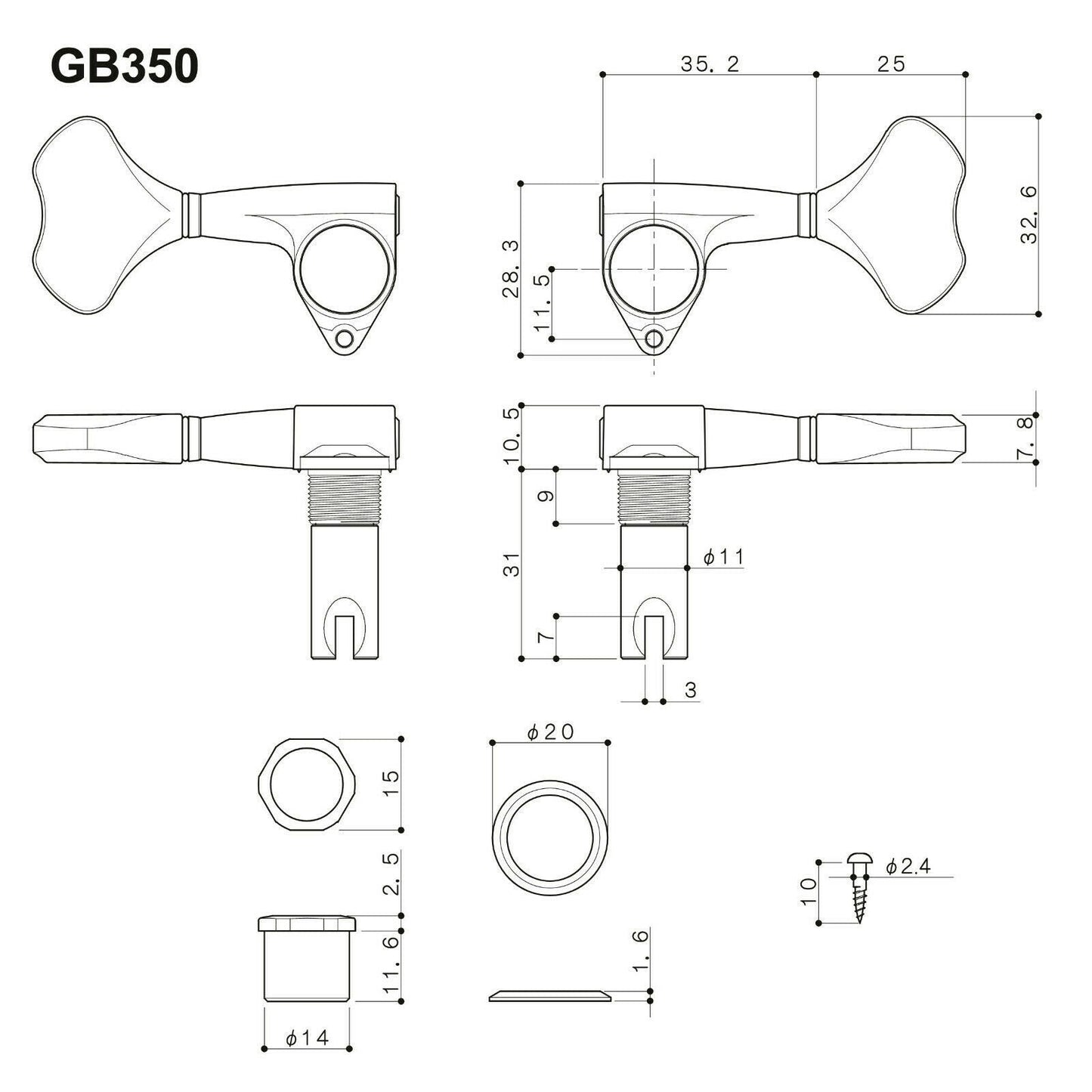 NEW Gotoh GB350 RES-O-LITE Aluminum Bass Side 4-in Line Tuning Keys Set - GOLD