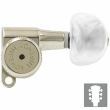 Load image into Gallery viewer, NEW Hipshot L3+R3 LOCKING Mini Tuners SET w/ HALF MOON PEARL Buttons 3x3, NICKEL