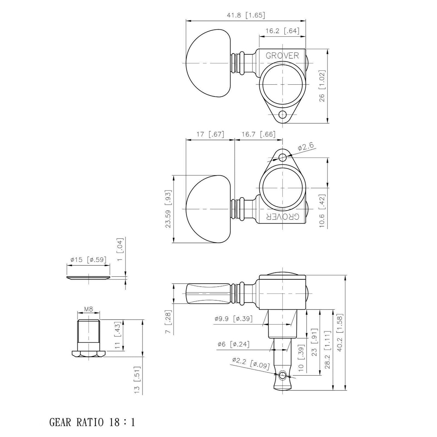 NEW Grover Rotomatic 3x3 Tuners Milk Bottle Profile Keys - 102V Series - NICKEL