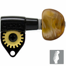 Load image into Gallery viewer, NEW Hipshot Classic Open-Gear STAGGERED Tuners 6 in line Half-Moon Amber - BLACK