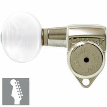 Load image into Gallery viewer, Hipshot LOCKING Tuners 6 in line STAGGERED w/ SMALL Pearl LEFT-HANDED - NICKEL