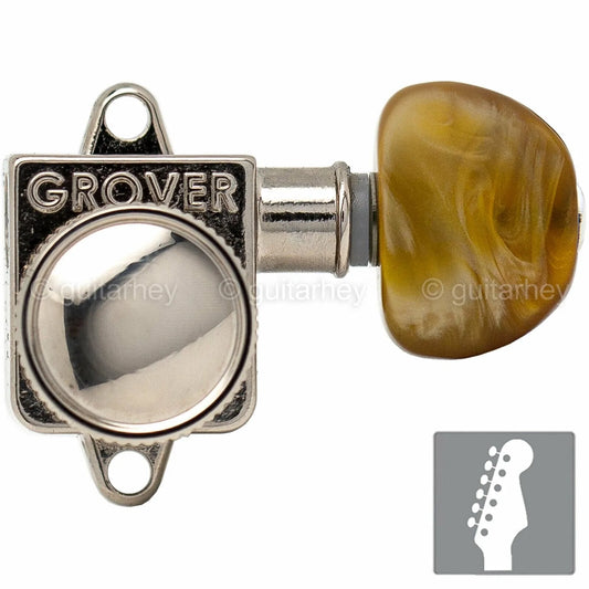 NEW Grover 505F Rotomatic Locking Tuners Vintage 6 In-line AMBER Buttons, NICKEL