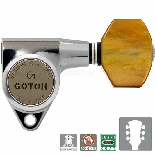 NEW Gotoh SG301-P8 MGT L3+R3 Locking Tuners w/ SMALL AMBER Buttons 3x3 - CHROME