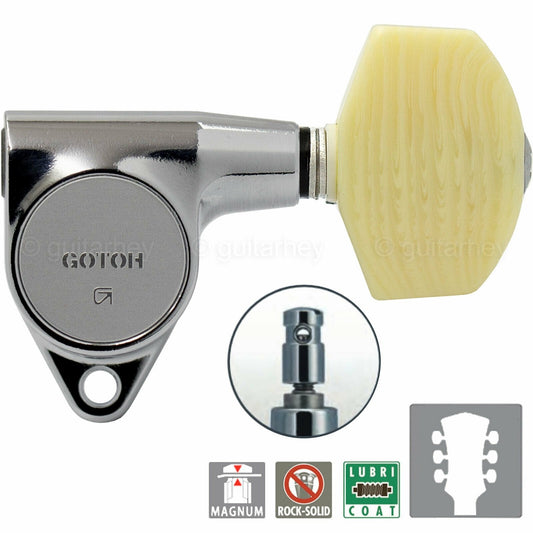 NEW Gotoh SG301-M01 MG L3+R3 LOCKING Tuners Set LARGE Ivory Buttons 3X3 - CHROME
