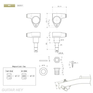 NEW Gotoh SG301-M01 MG L3+R3 Locking Tuners Set LARGE IVORY Buttons 3x3 - BLACK