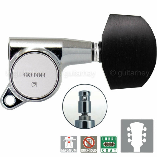NEW Gotoh SG381-EN01 MG Locking Tuners L3+R3 w/ Large EBONY Buttons 3x3 - CHROME