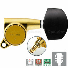 Load image into Gallery viewer, NEW Gotoh SG381-EN01 MG Locking Tuners L3+R3 w/ Large EBONY Buttons 3x3 - GOLD