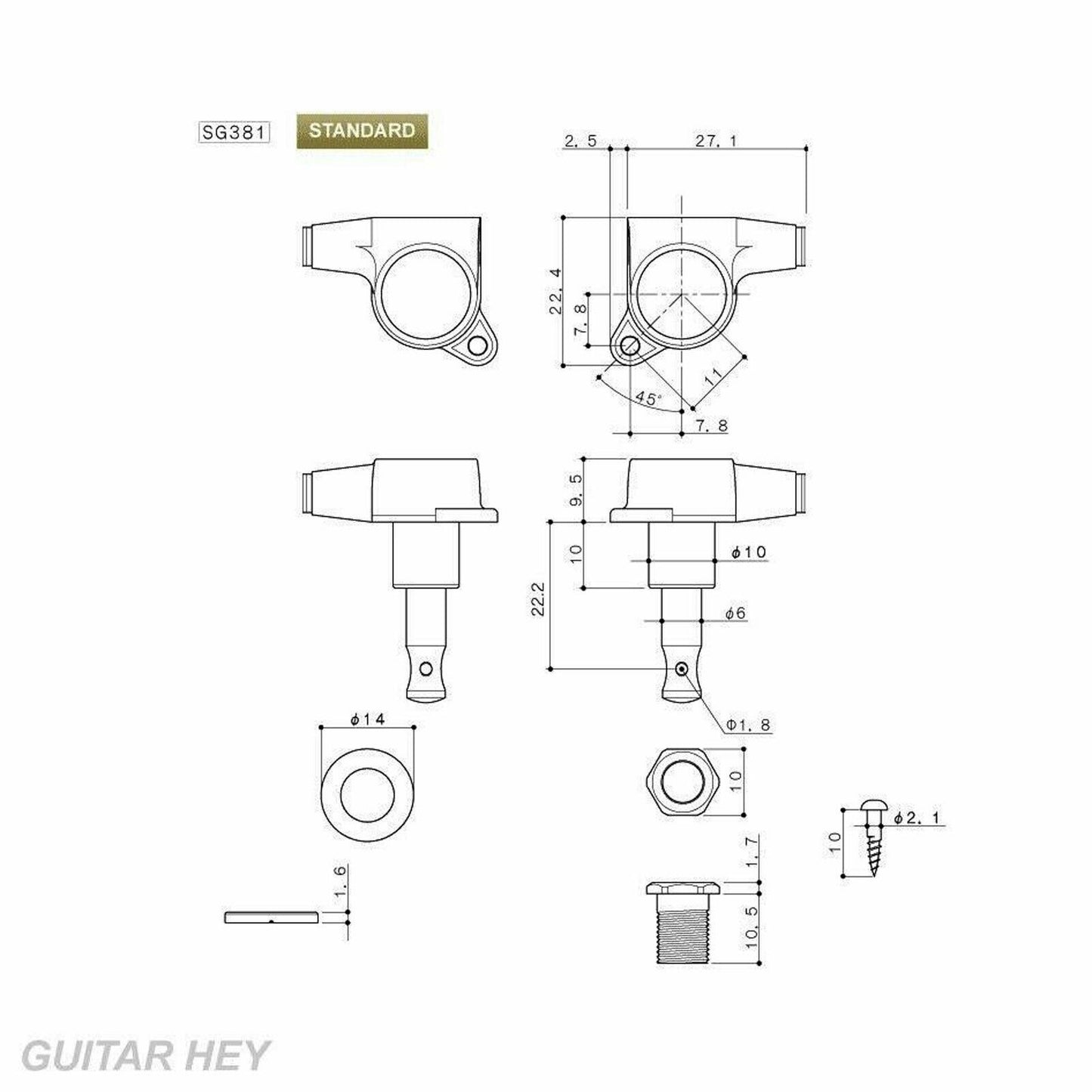 NEW Gotoh SG381-EN01 Guitar Tuning L3+R3 w/ Large EBONY Buttons Set 3x3 - GOLD