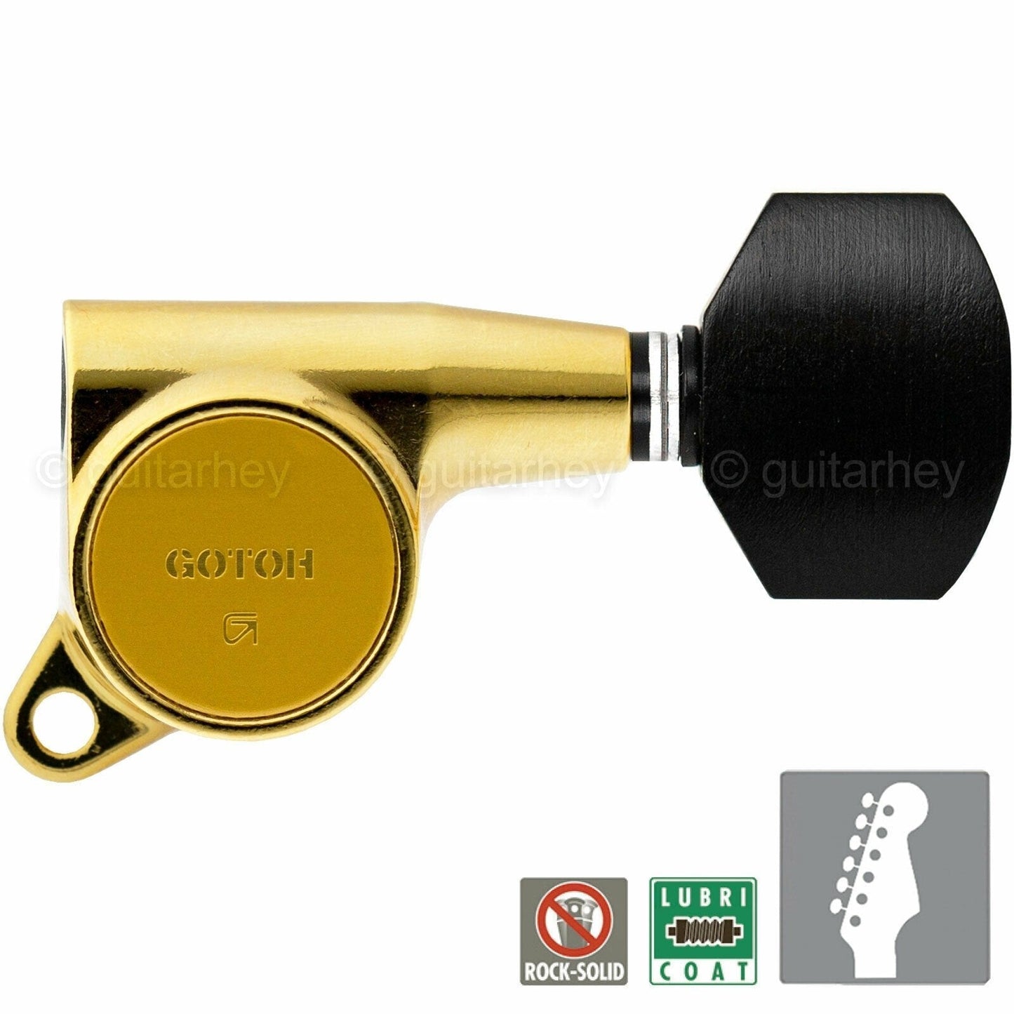NEW Gotoh SG381-EN07 Guitar Tuners Set 6 in Line w/ Small EBONY Buttons - GOLD