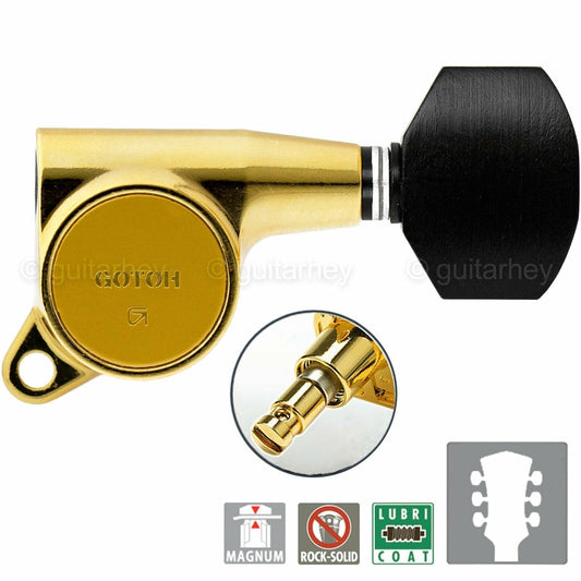 NEW Gotoh SG381-EN07 MG Locking Tuners L3+R3 w/ Small EBONY Buttons 3x3 - GOLD