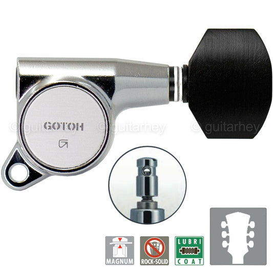 NEW Gotoh SG381-EN07 MG Locking Tuners L3+R3 w/ Small EBONY Buttons 3x3 - CHROME