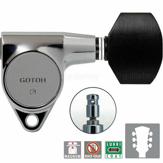 NEW Gotoh SG301-EN07 MG L3+R3 LOCKING Tuners Set Small EBONY Buttons 3x3, CHROME