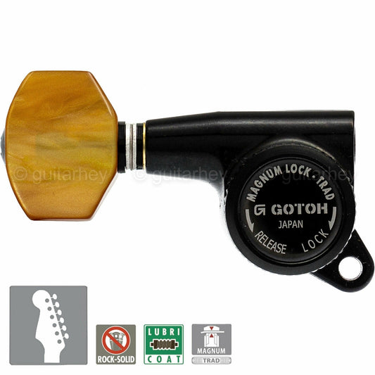 NEW Gotoh SG381-P8 MGTB Locking Tuners Set 6 in line Amber LEFT HANDED - BLACK