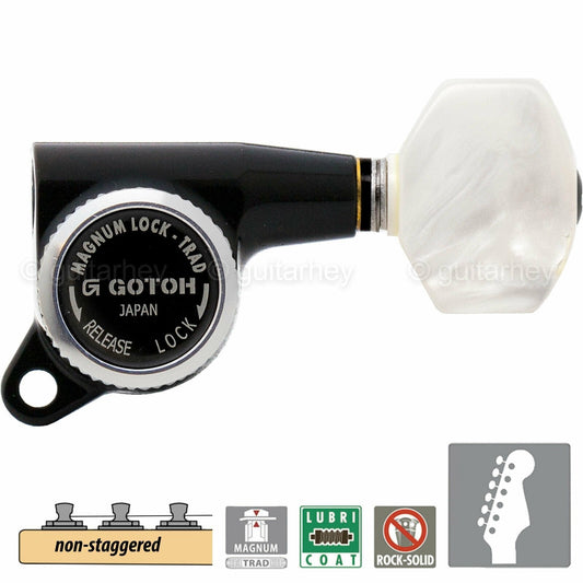 NEW Gotoh SG381-P7 MGT 6 in Line NON-STAGGERED Set Locking PEARL Buttons - BLACK