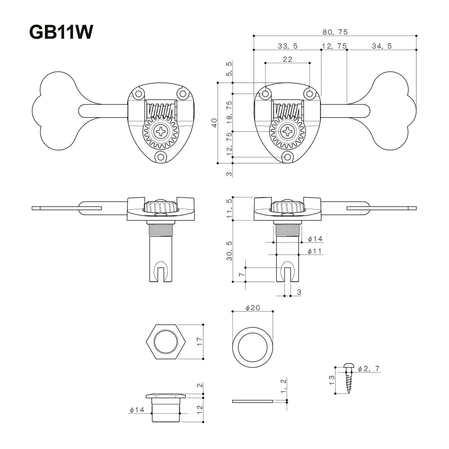 NEW Gotoh GB11W L4+R1 Bass Tuners Tuning Keys 20:1 w/ Hardware - 4x1 - CHROME